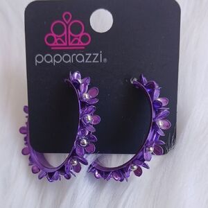 Paparazzi Purple Floral Hoop Earrings with Silver Details